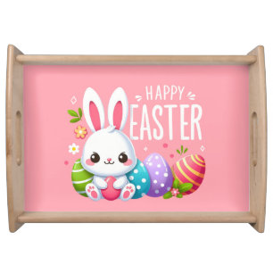 Cute, pink Happy Easter bunny  Serving Tray