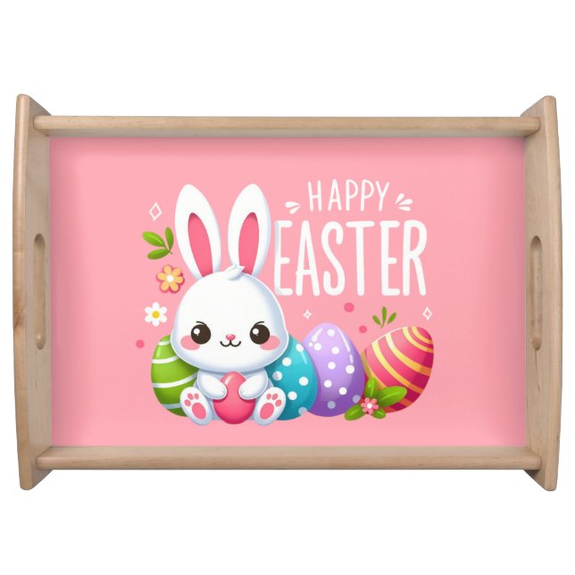 Cute, pink Happy Easter bunny  Serving Tray (Front)