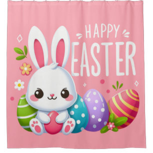 Cute, pink Happy Easter bunny  Shower Curtain