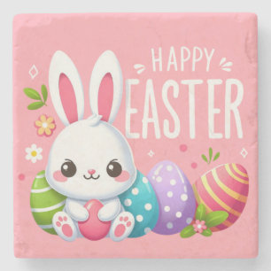 Cute, pink happy Easter bunny Stone Coaster