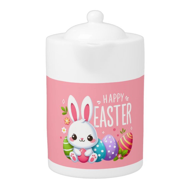 Cute, pink Happy Easter bunny Teapot (Front)