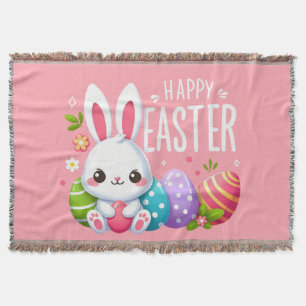 Cute, pink Happy Easter bunny Throw Blanket