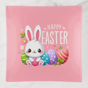 Cute, pink Happy Easter bunny Trinket Tray