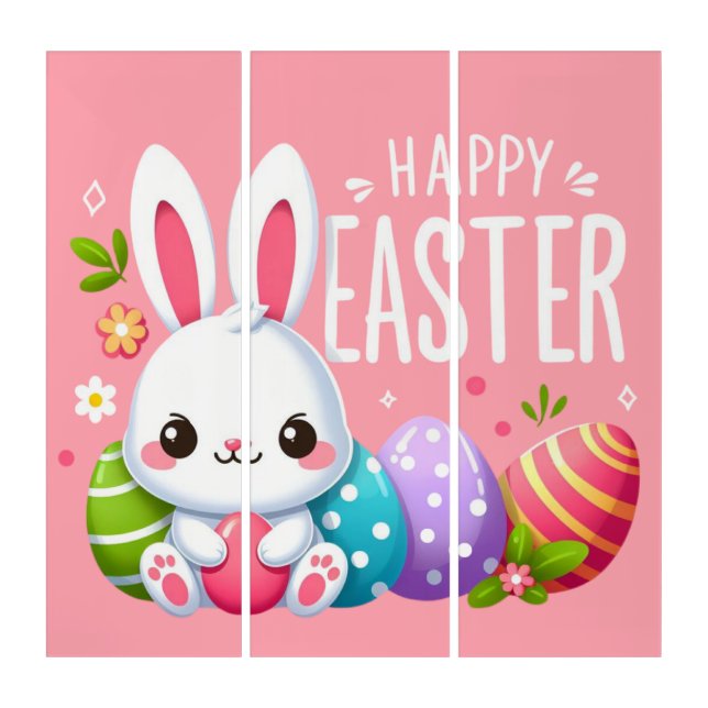 Cute, pink Happy Easter bunny Triptych (Front)