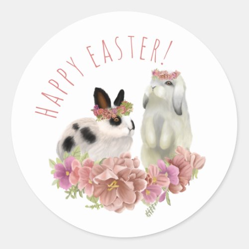 Cute Pink Happy Easter Spring Bunny Rabbits  Classic Round Sticker