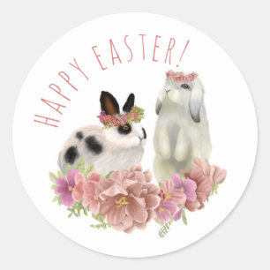 Cute Pink Happy Easter Spring Bunny Rabbits Classic Round Sticker