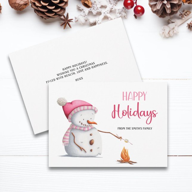 Cute Pink Happy Holidays Snowman Holiday Card (Creator Uploaded)