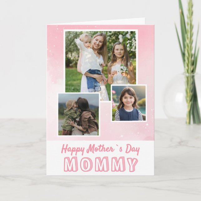 Cute Pink Happy Mother`s Day 3 Photo  Card (Front)