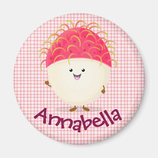 Cute pink happy rambutan cartoon illustration magnet (Front)