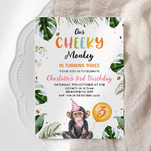 Cute Pink Hat Our Cheeky Monkey Birthday Invitation