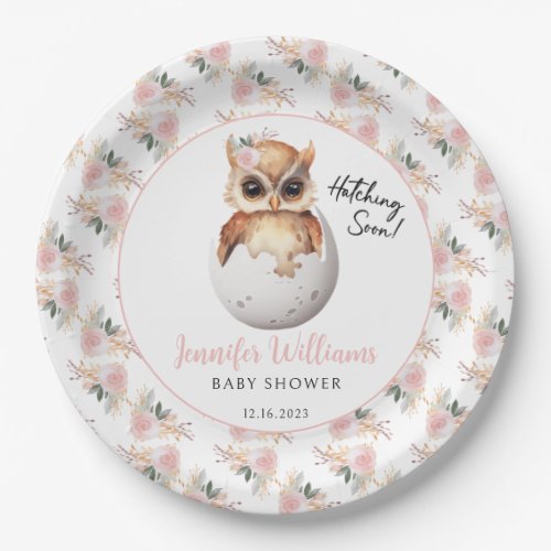 Cute pink hatching owl baby shower paper plates