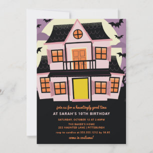 Cute Pink Haunted House Birthday Party Invitation