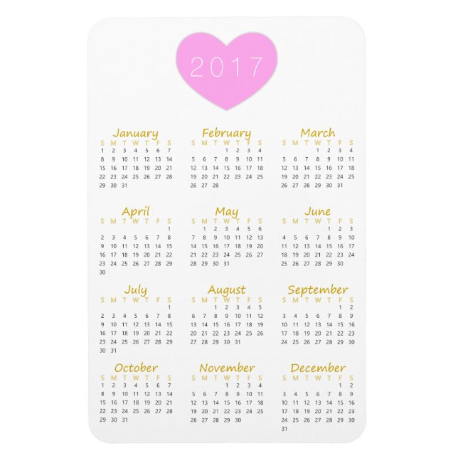 Cute Pink Heart 2017 Calendar Magnet - Gold & Gray (Vertical)