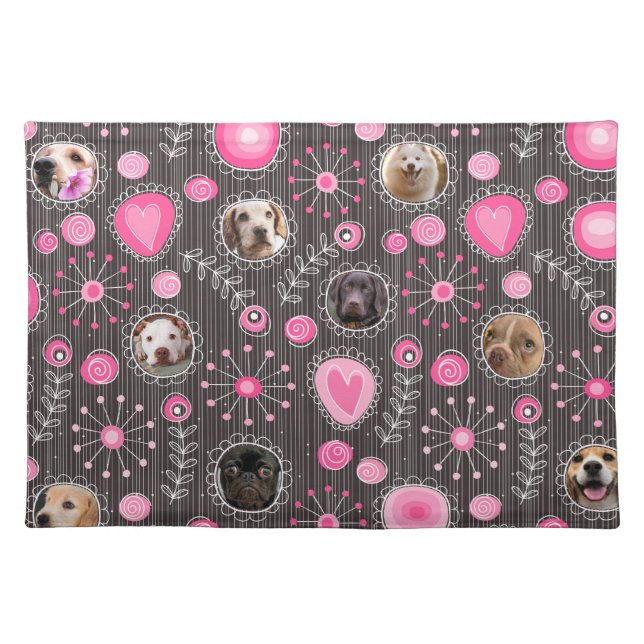 Cute Pink Heart and Flower Dog Mom Photo Collage  Cloth Placemat (Front)