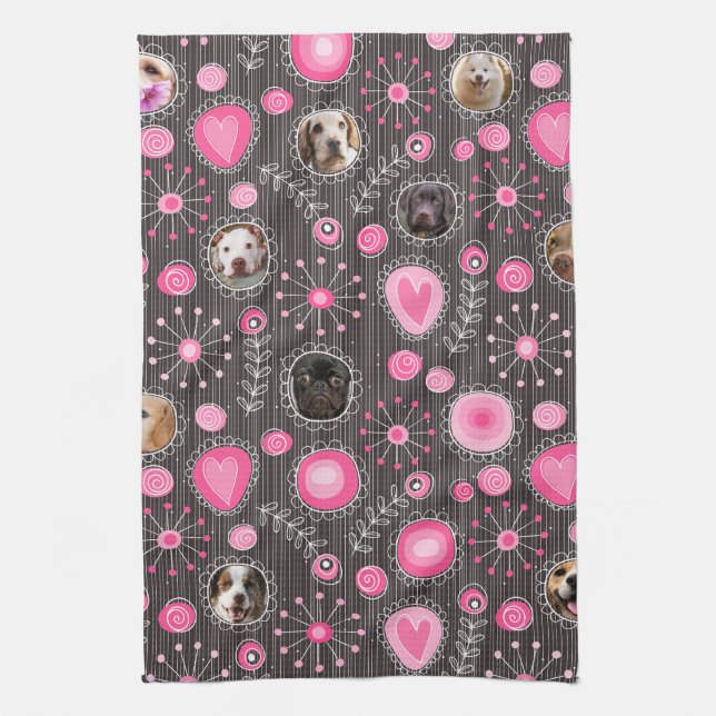 Cute Pink Heart and Flower Dog Mom Photo Collage  Kitchen Towel (Vertical)