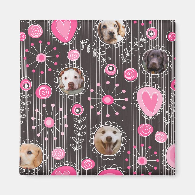 Cute Pink Heart and Flower Dog Mom Photo Collage  Magnet (Front)