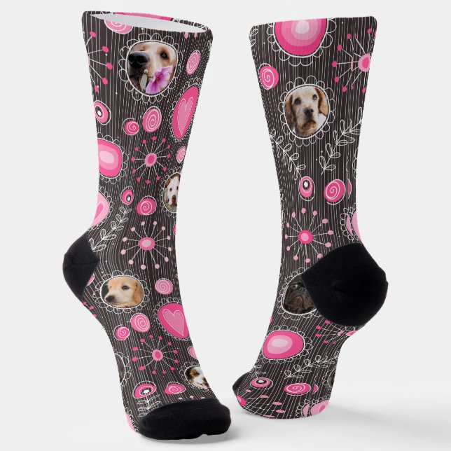 Cute Pink Heart and Flower Dog Mom Photo Collage  Socks (Angled)