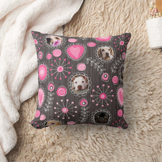Cute Pink Heart and Flower Dog Mom Photo Collage  Throw Pillow (Blanket)