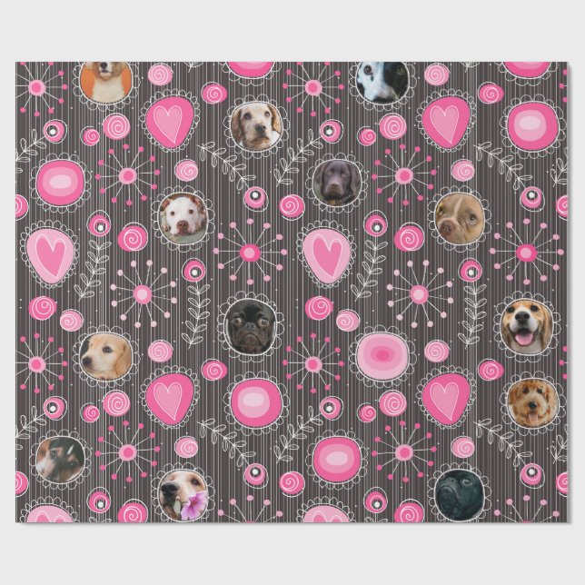 Cute Pink Heart and Flower Dog Mom Photo Collage  Wrapping Paper (Flat)
