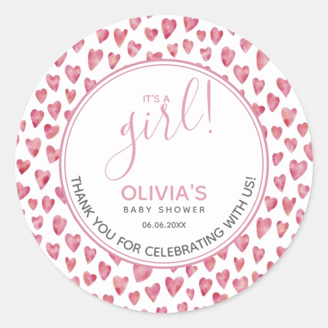 Cute Pink Heart Baby Shower It's A Girl Classic Round Sticker (Front)