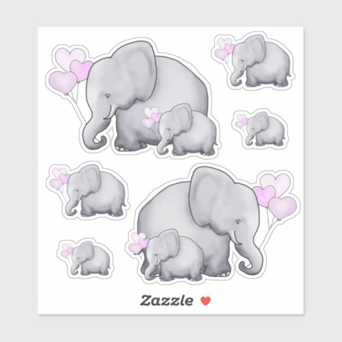 Cute Pink Heart Balloons Baby Elephants Sticker