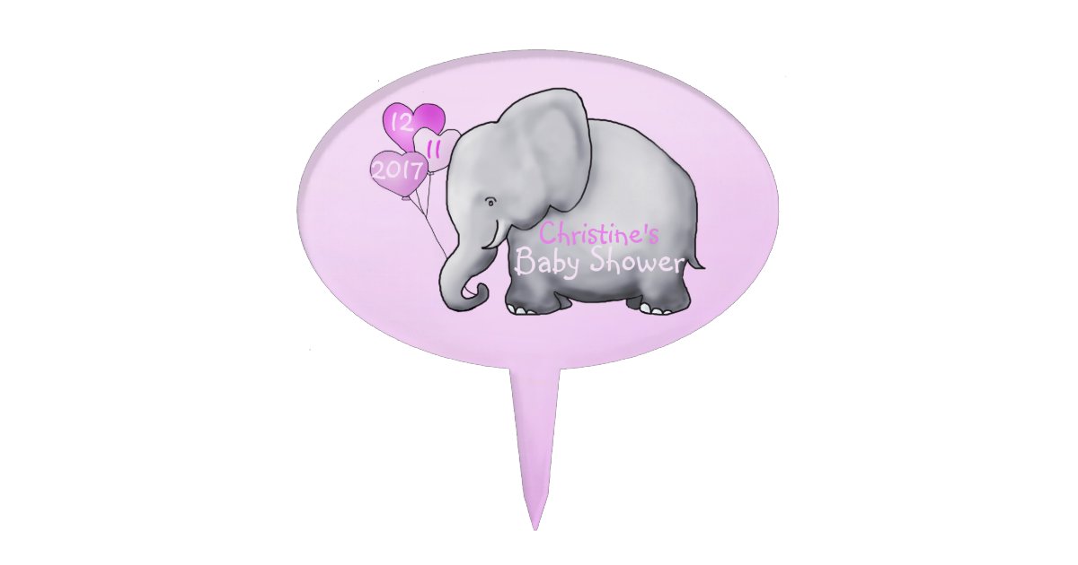 Cute Pink Heart Balloons Elephant Girl Baby Shower Cake Topper