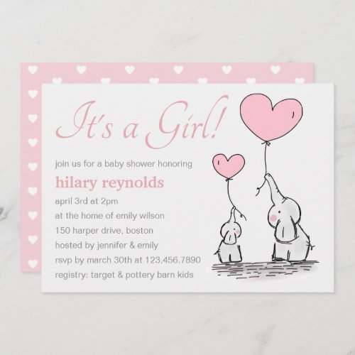 Cute Pink Heart Balloons Girl Elephant Baby Shower Invitation