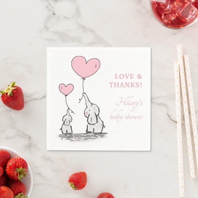 Cute Pink Heart Balloons Girl Elephant Baby Shower Napkins (Insitu)