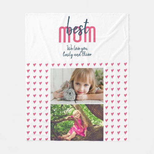 Cute Pink Heart Best Mom 2 Photo Mother`s Day Fleece Blanket - Cute Pink Heart Best Mom 2 Photo Mother`s Day blanket. Hand-drawn pink hearts with dots and modern typography. Add your photos and your names. Sweet keepsake for a mother.
