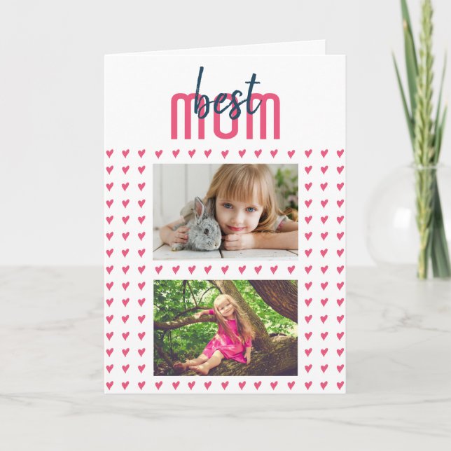 Cute Pink Heart Best Mom 2 Photo Mother`s Day Holiday Card (Front)