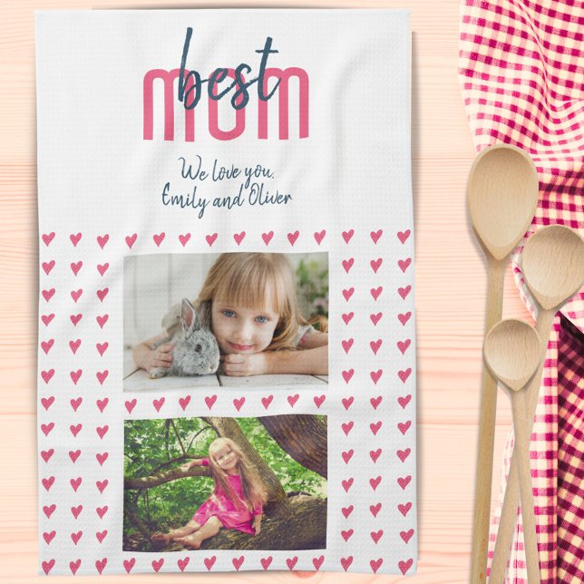 Cute Pink Heart Best Mom 2 Photo Mother`s Day  Kitchen Towel (Creator Uploaded)