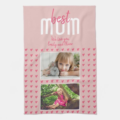 Cute Pink Heart Best Mom 2 Photo Mothers Day Kitchen Towel