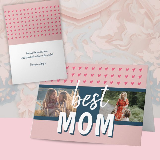 Cute Pink Heart Best Mom 2 Photos Mother`s Day Card (Creator Uploaded)