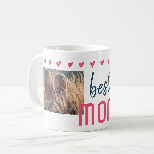 Cute Pink Heart Best Mom 2 Photos Mother`s Day Coffee Mug (Front Left)
