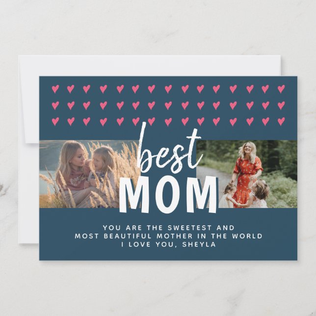 Cute Pink Heart Best Mom 2 Photos Mother`s Day Holiday Card (Front)