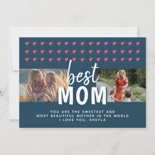 Cute Pink Heart Best Mom 2 Photos Mother`s Day Holiday Card - Cute Pink Heart Best Mom 2 Photos Mother`s Day Holiday Card. Hand-drawn pink hearts with dots on dark blue background. Add your photos. You can change the text. Sweet card for a mother for Mother`s day.