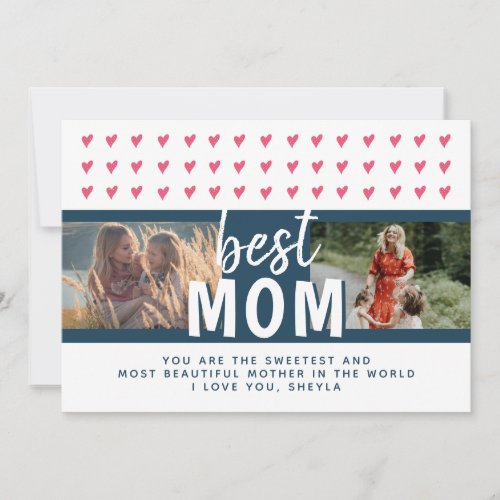 Cute Pink Heart Best Mom 2 Photos Mother`s Day Holiday Card - Cute Pink Heart Best Mom 2 Photos Mother`s Day Holiday Card. Hand-drawn pink hearts with dots. Add your photos. You can change the text. Sweet card for a mother for Mother`s day.