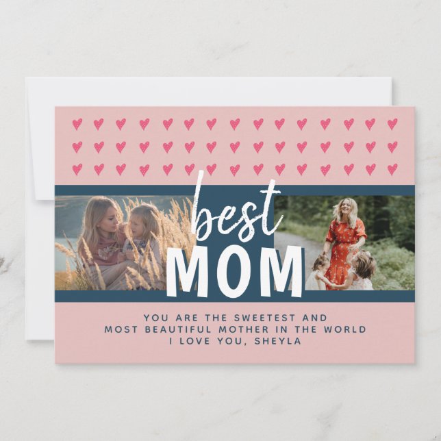 Cute Pink Heart Best Mom 2 Photos Mother`s Day Holiday Card (Front)