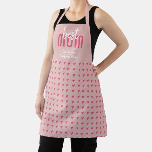 Cute Pink Heart Best Mom Mother`s Day Apron - Cute Pink Heart Best Mom Mother`s Day Apron. Hand-drawn pink hearts with dots on pink background and modern typography. Add your names. Sweet keepsake apron for a mother.