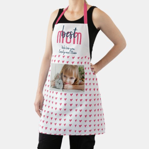 Cute Pink Heart Best Mom Photo Mother`s Day Apron - Cute Pink Heart Best Mom Photo Mother`s Day Apron. Hand-drawn pink hearts with dots and modern typography. Add your photo and your names. Sweet keepsake apron for a mother.