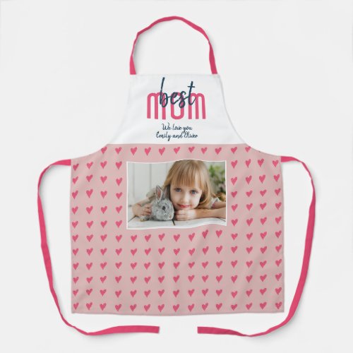 Cute Pink Heart Best Mom Photo Mother`s Day Apron - Cute Pink Heart Best Mom Photo Mother`s Day Apron. Hand-drawn pink hearts with dots on pink background and modern typography. Add your photo and your names. Sweet keepsake apron for a mother.