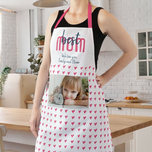 Cute Pink Heart Best Mom Photo Mother`s Day Apron (Creator Uploaded)