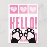 Cute Pink Heart Black Cat Paws Hello Postcard