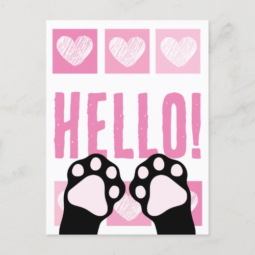 Cute Pink Heart Black Cat Paws Hello Postcard
