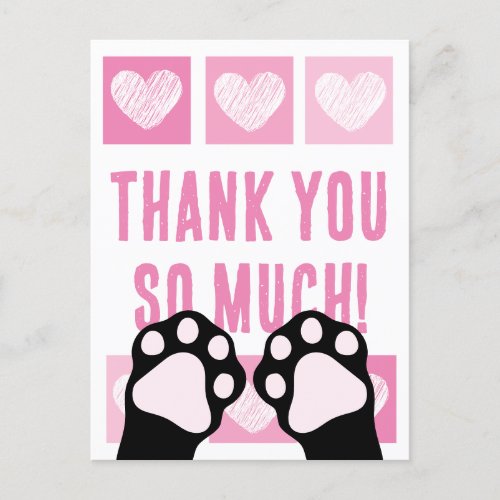 Cute Pink Heart Black Cat Paws Thank You Postcard