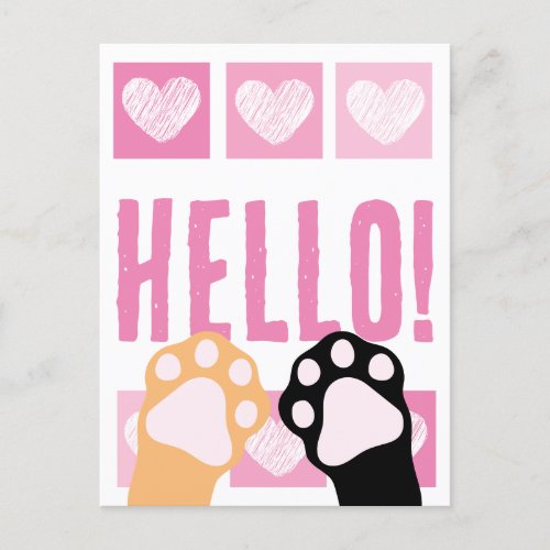 Cute Pink Heart Calico Cat Paws Hello Postcard