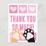 Cute Pink Heart Calico Cat Paws Thank You Postcard