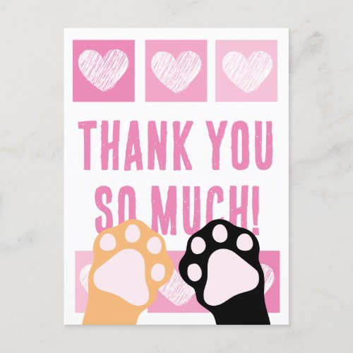 Cute Pink Heart Calico Cat Paws Thank You Postcard