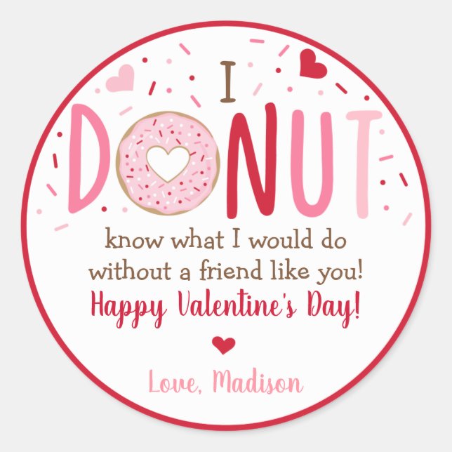 Cute Pink Heart Donut Valentine's Day Classic Round Sticker (Front)