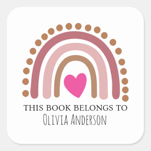 Cute Pink Heart Dotted Rainbow This Book Belongs Square Sticker